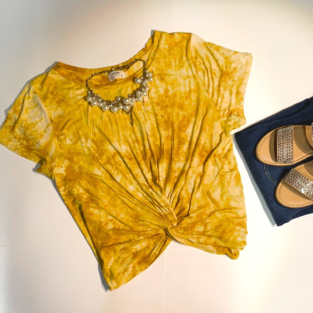 NWOT Revive Faux Crop Yellow Tie Dye Twist Top